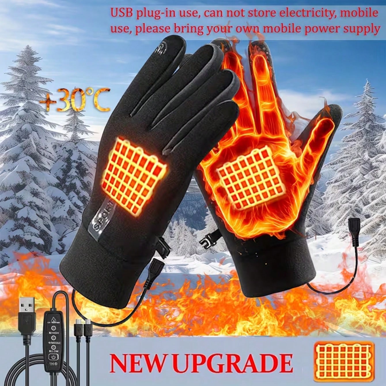 Cycling Commute Essentials - ถุงมือทำความร้อนแบบไม่ต้องใช้แบตเตอรี่ | ให้ความร้อนรวดเร็วทั้งสองด้าน, ดีไซน์หน้าจอสัมผัส, พกพาสะดวกด้วย USB,