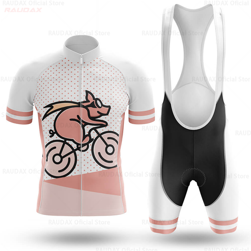 Cycling Commuter Shorts - ชุดเสื้อปั่นจักรยานลายการ์ตูนหมูตลกสำหรับผู้ชาย สีชมพู พร้อมกางเกงขาสั้นแบบมีสายรัด สำหรับปั่นจักรยานเสือภูเขา - อุปกรณ์ปั่นจักรยานใหม่