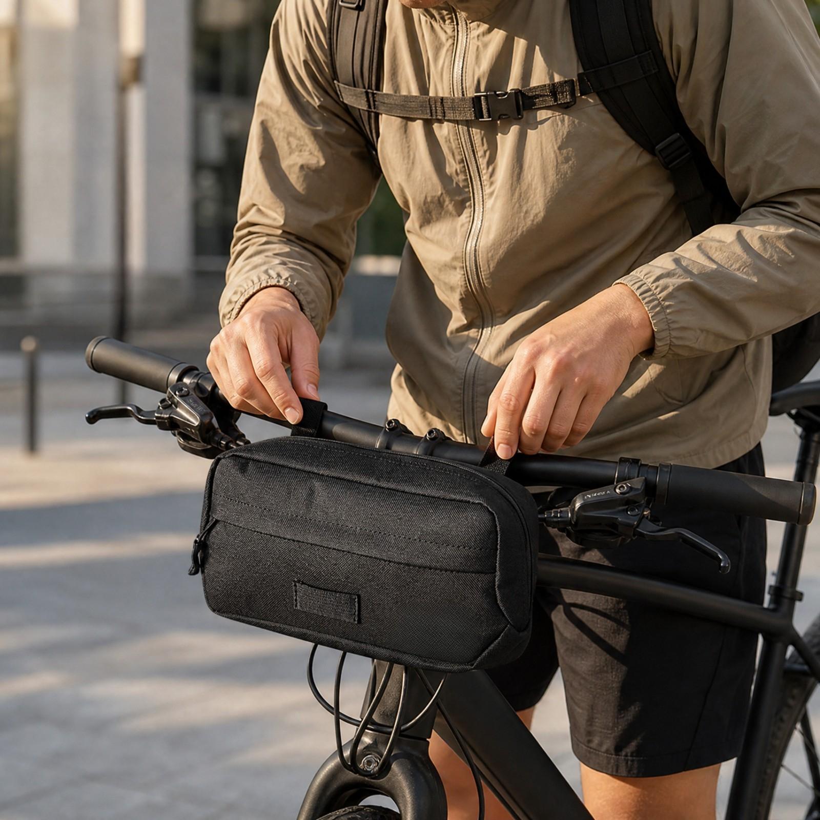Cycling Commute Essentials - กระเป๋าติดแฮนด์จักรยานขนาดกะทัดรัด สีดำ วัสดุ PVC พร้อมสายรัดเอวปรับได้ สำหรับอุปกรณ์จำเป็นในการปั่นจักรยานและเดินทาง